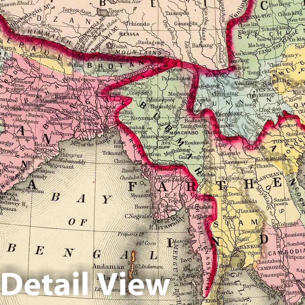 India, Southeast Asia, China, and Tibet 1860 Historical Map Print