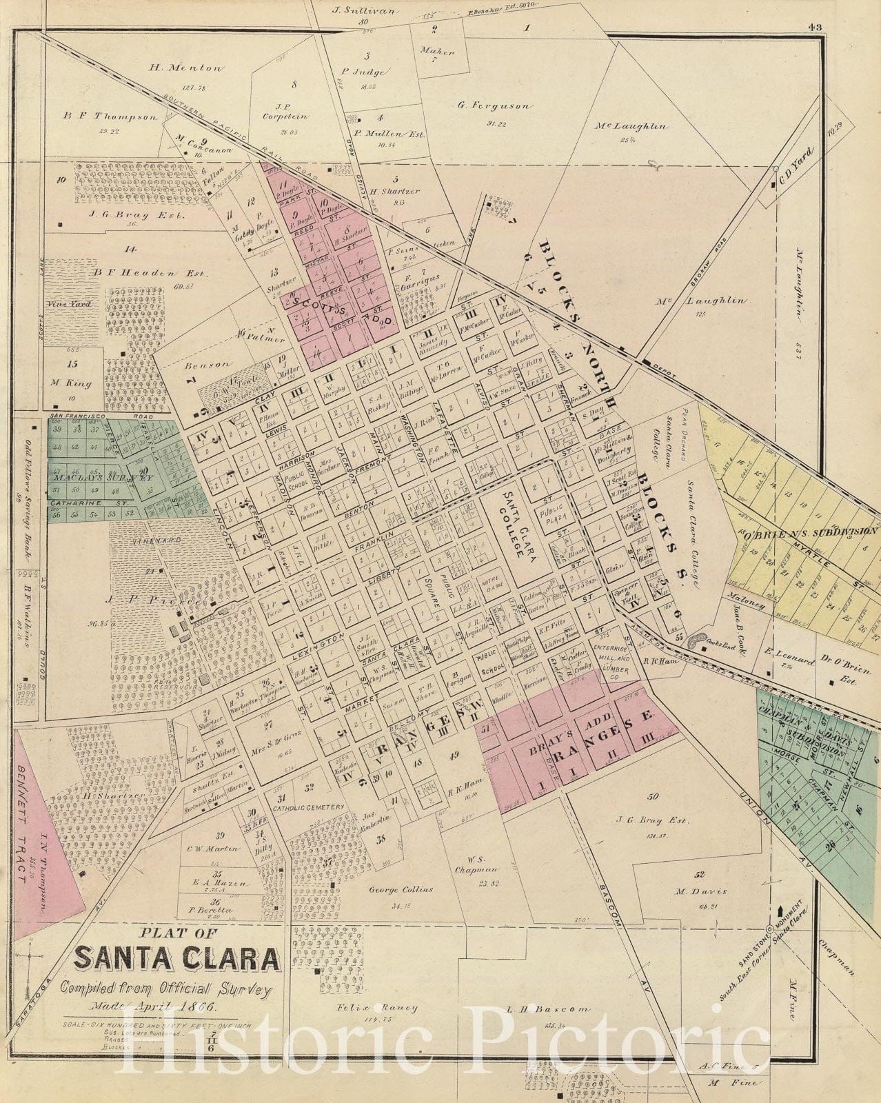 Santa Clara, California - Survey Map, 1876 - Historical Atlas Print