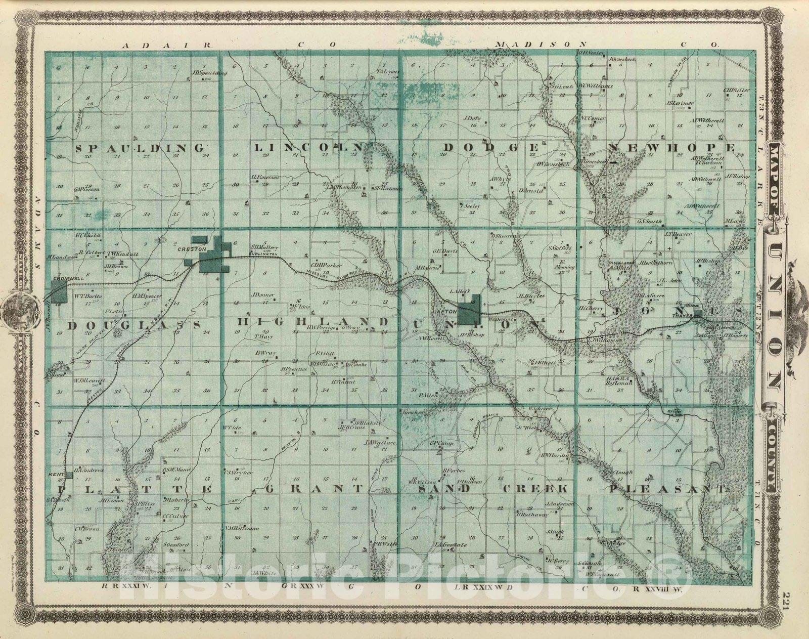 Historic Map : 1875 Map of Union County, State of Iowa. - Vintage Wall Art