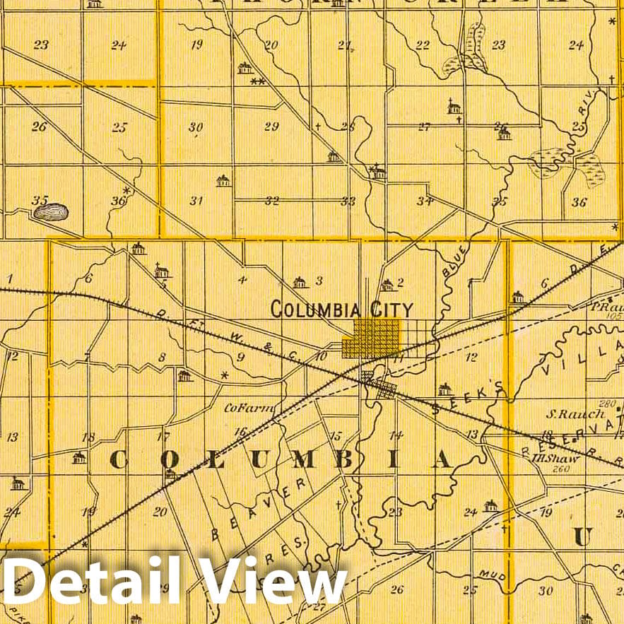 Whitley County, Indiana - Railroad Map, 1876 - Historical Map Print