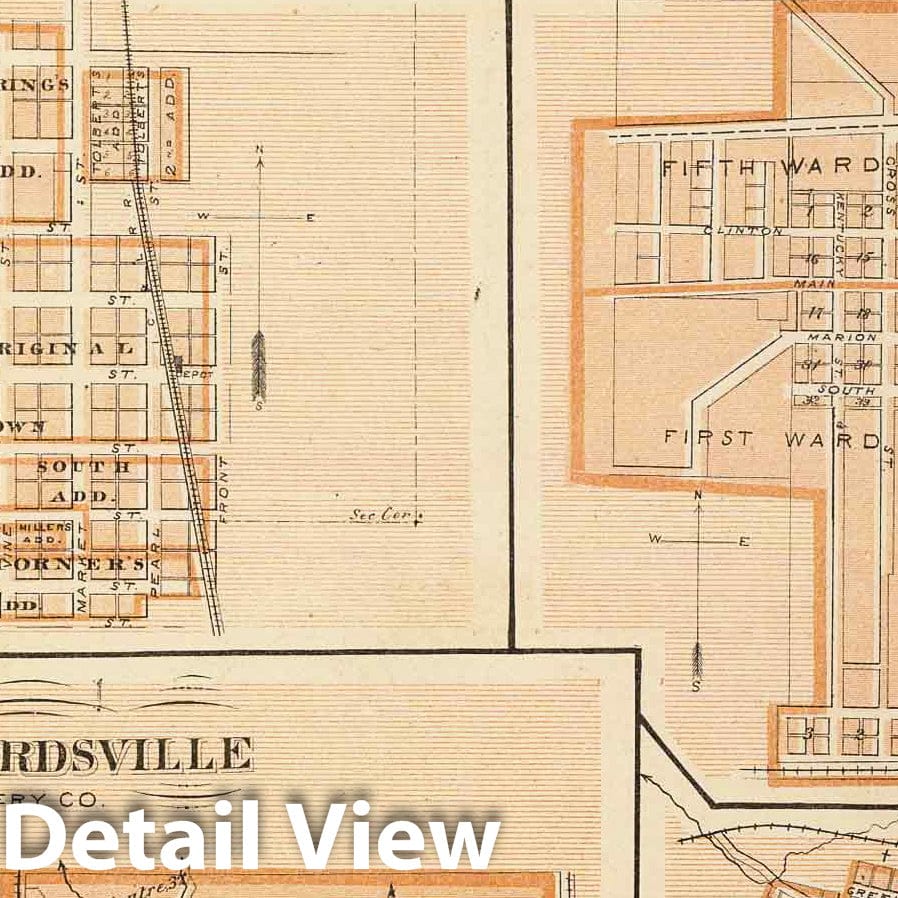 Crawfordsville, Brownsburg, Plainfield, Jamestown, Thornton, Danville, Waveland, Ladoga, Indiana 1876 Historical Map Print