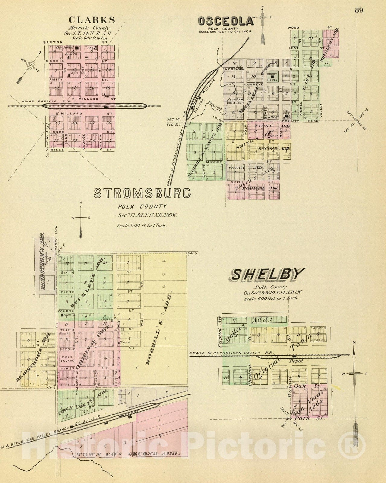 Historic Map : Osceola (Neb.), Nebraska, 1885 Stromsburg. , Vintage Wall Art