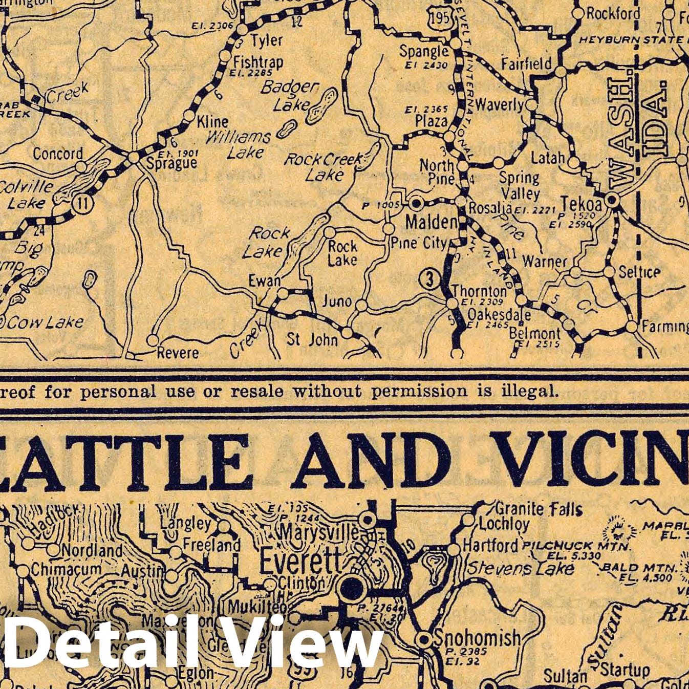 Spokane and Seattle, Washington - Road Map, 1927 - Historical Map Print