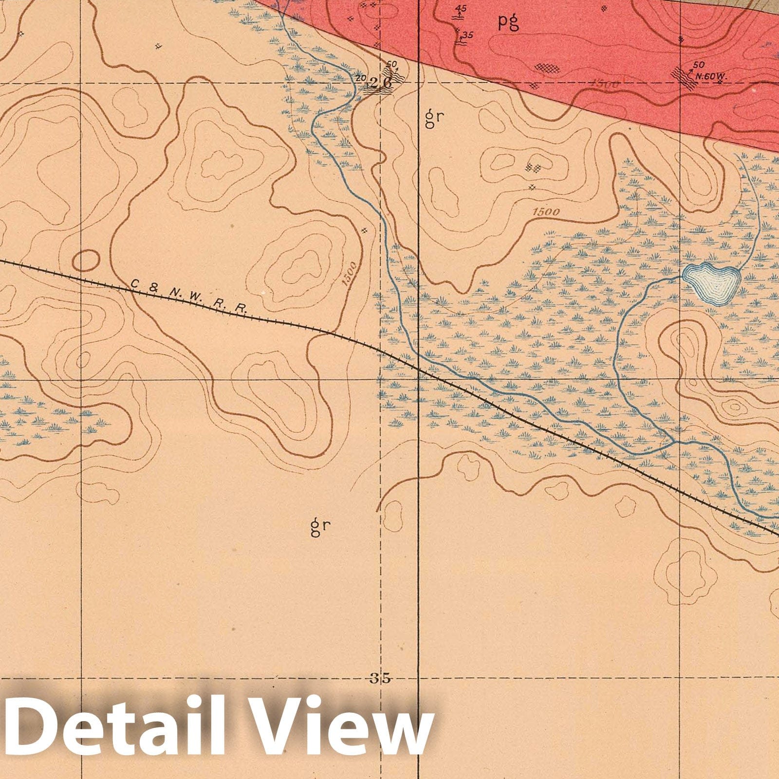 Marquette Iron-Bearing District - Railroad Map, 1896 - Historical Geology Print