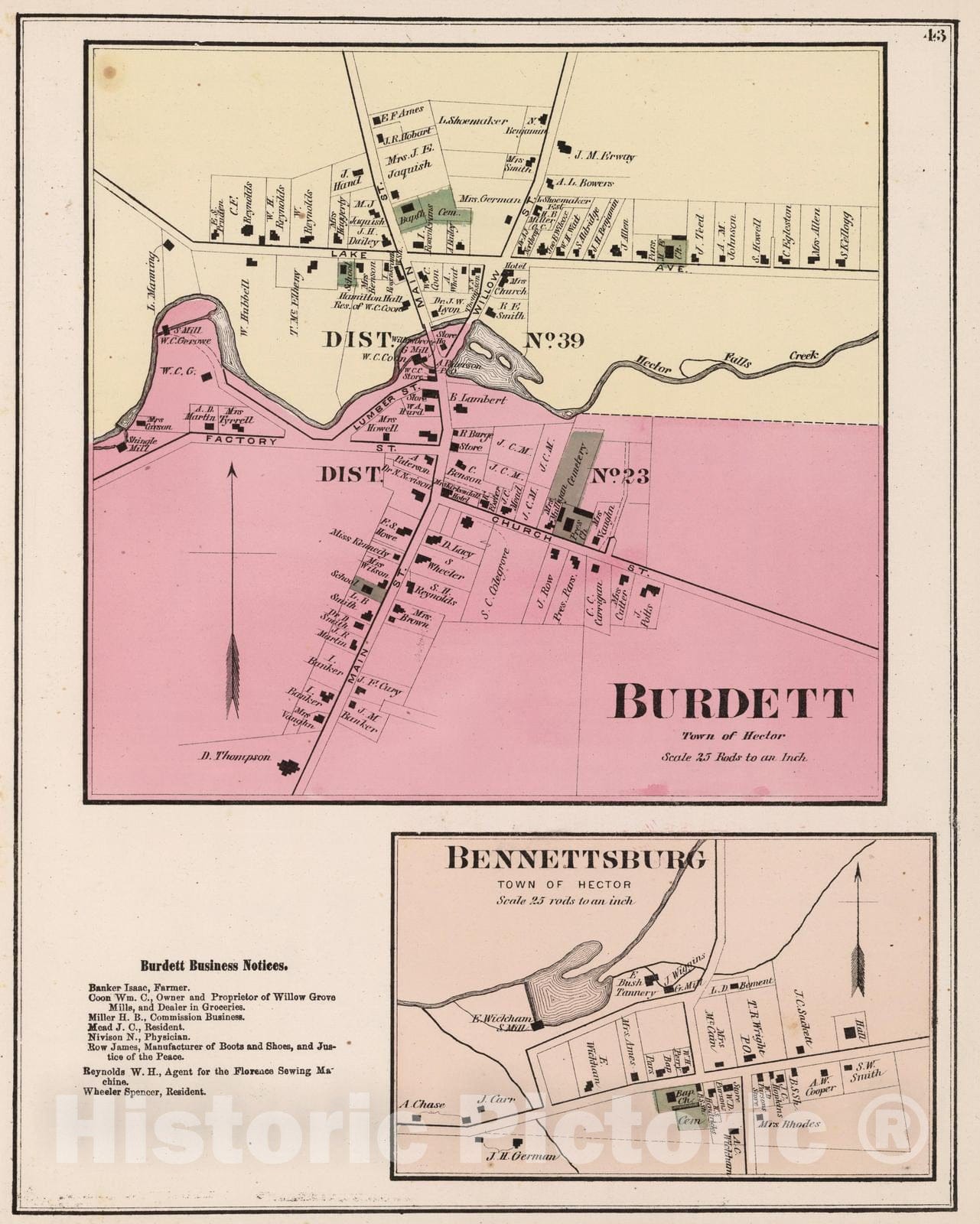 Burdett Town, Hector and Bennettsburg Property Map, Schuyler County, New York - 1874