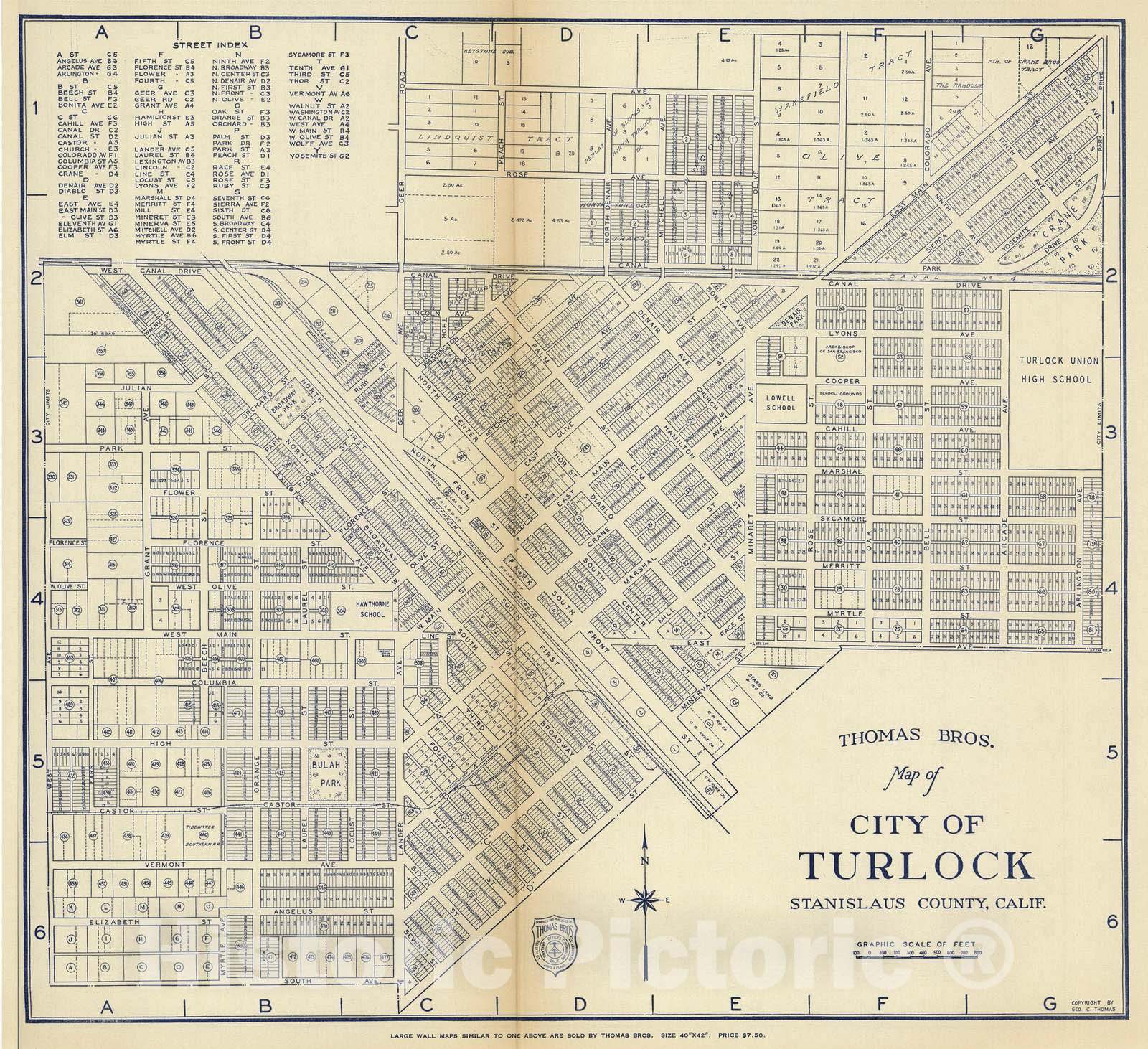 Historic Map : 1938 Thomas Bros. Map of City of Turlock, Stanislaus County, California. - Vintage Wall Art