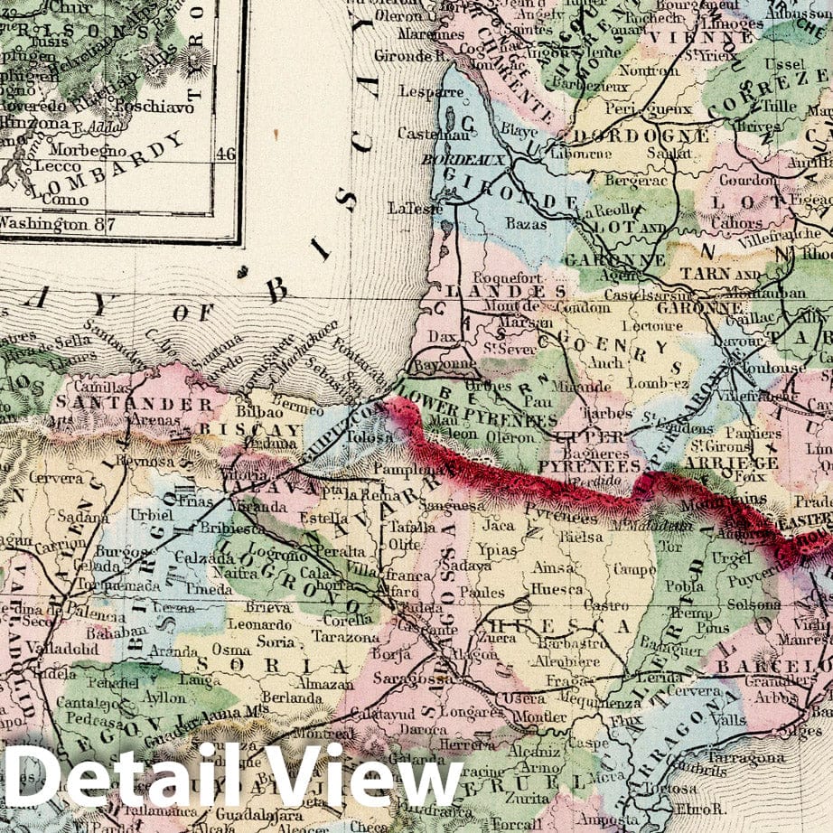 Historic Map : 1874 Map of France and Portugal - Vintage Wall Art