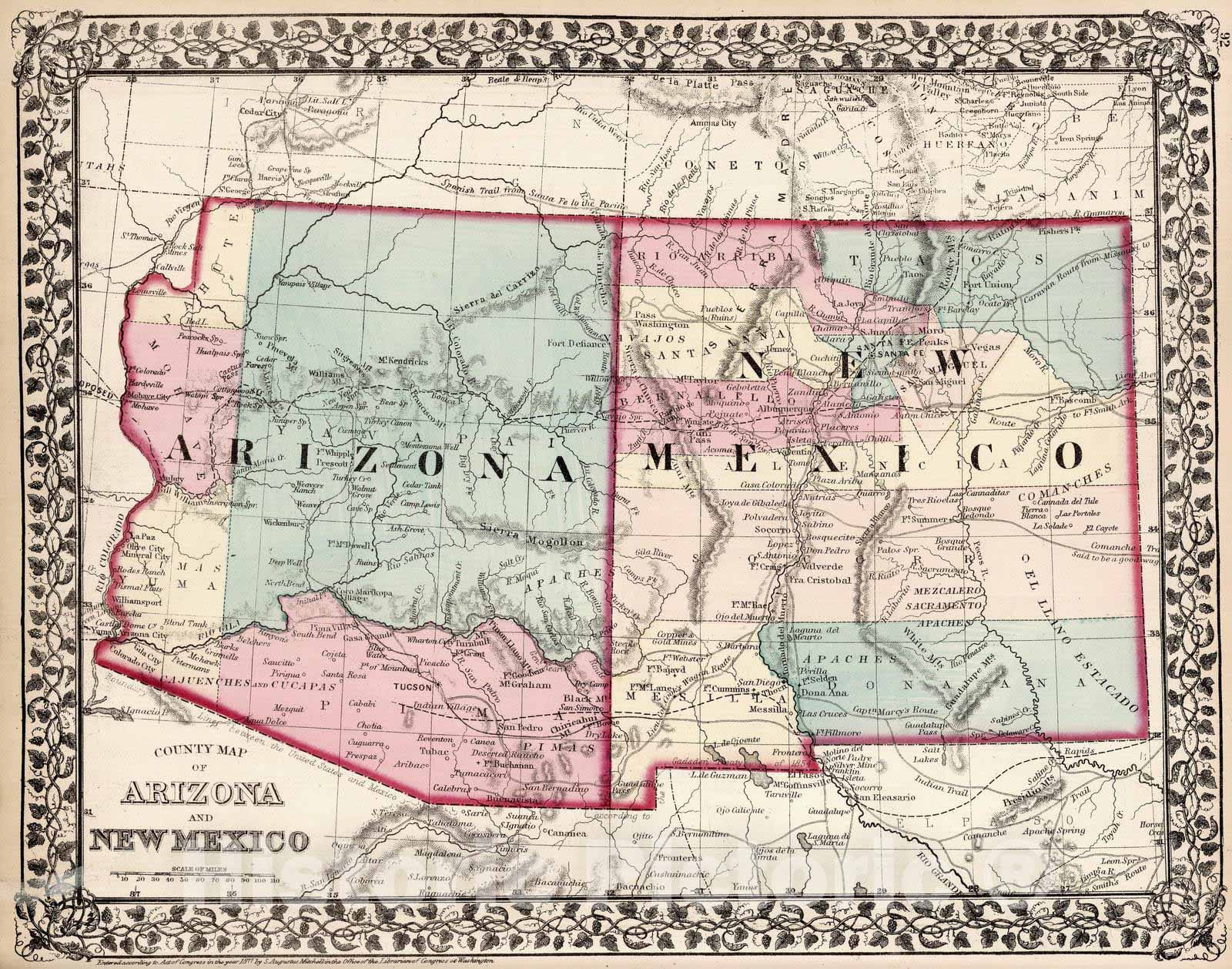 Arizona and New Mexico - Railroad Map, 1877 - Historical Map Print