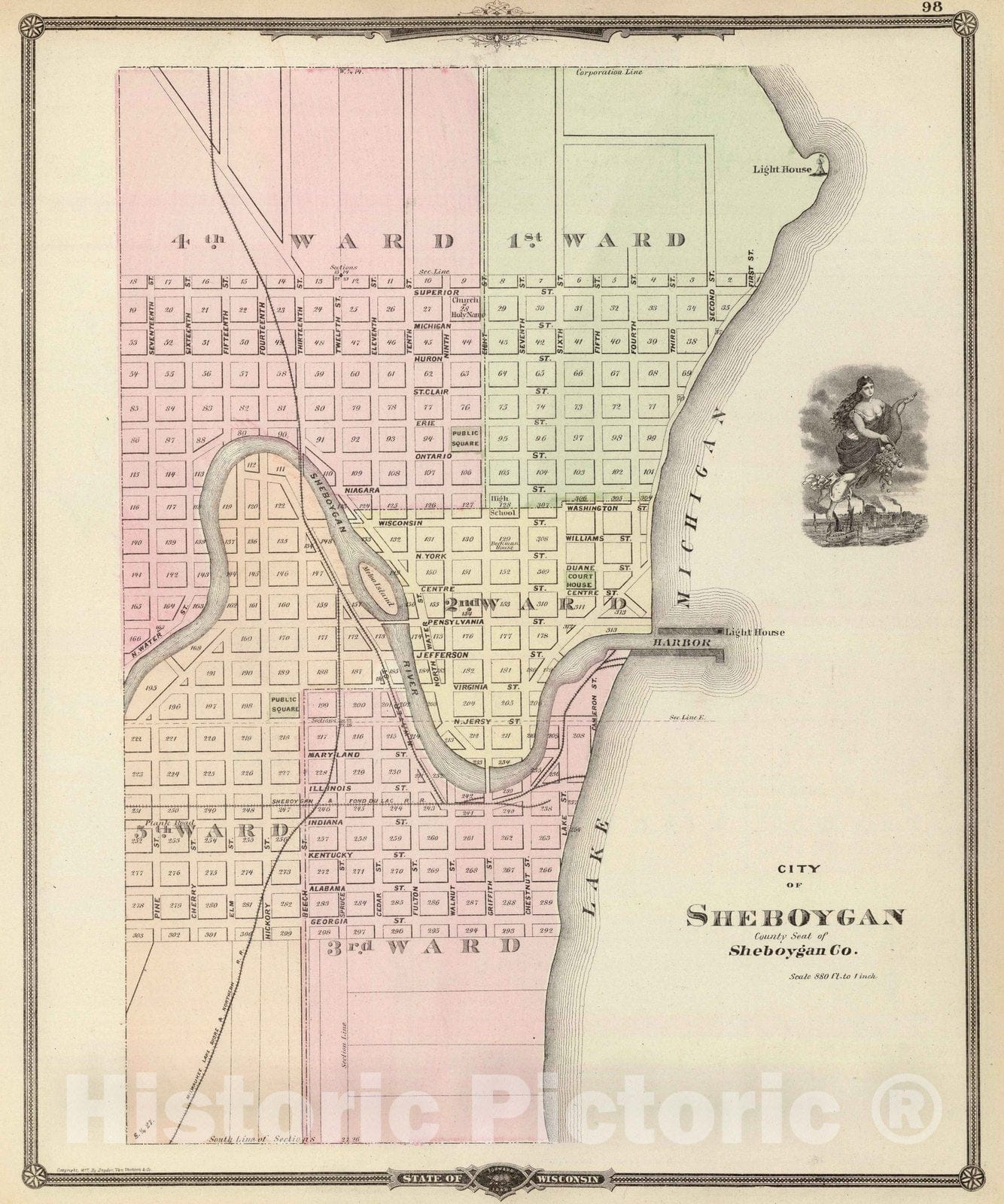 Historic Map : 1878 City of Sheboygan, county seat of Sheboygan Co. - Vintage Wall Art