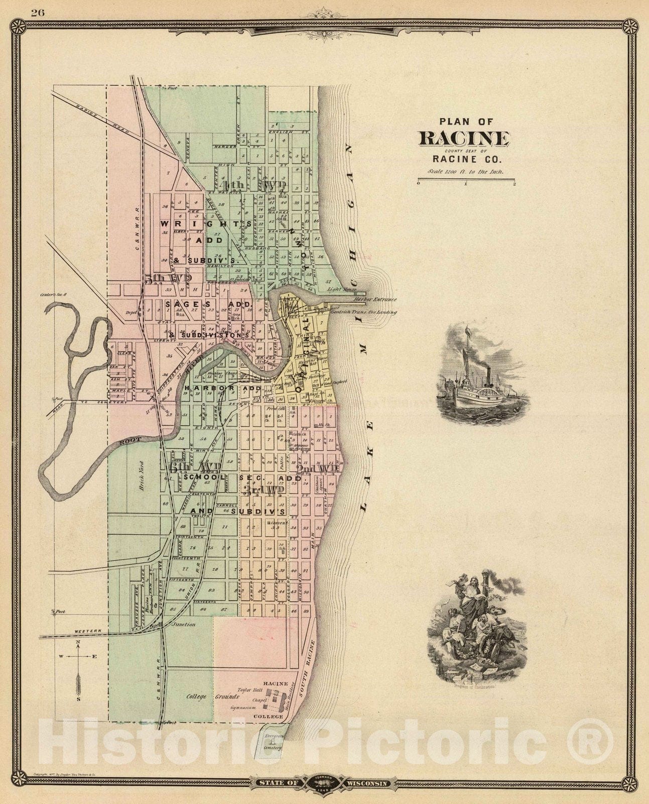 Historic Map : 1878 Plan of Racine, county seat of Racine Co. - Vintage Wall Art