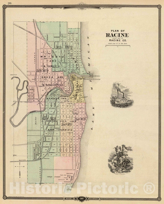 Historic Map : 1878 Plan of Racine, county seat of Racine Co. - Vintage Wall Art