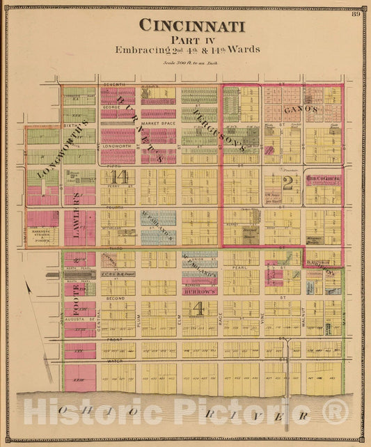 Historic Map : 1869 Cincinnati 4, wards 2, 4, 14. - Vintage Wall Art