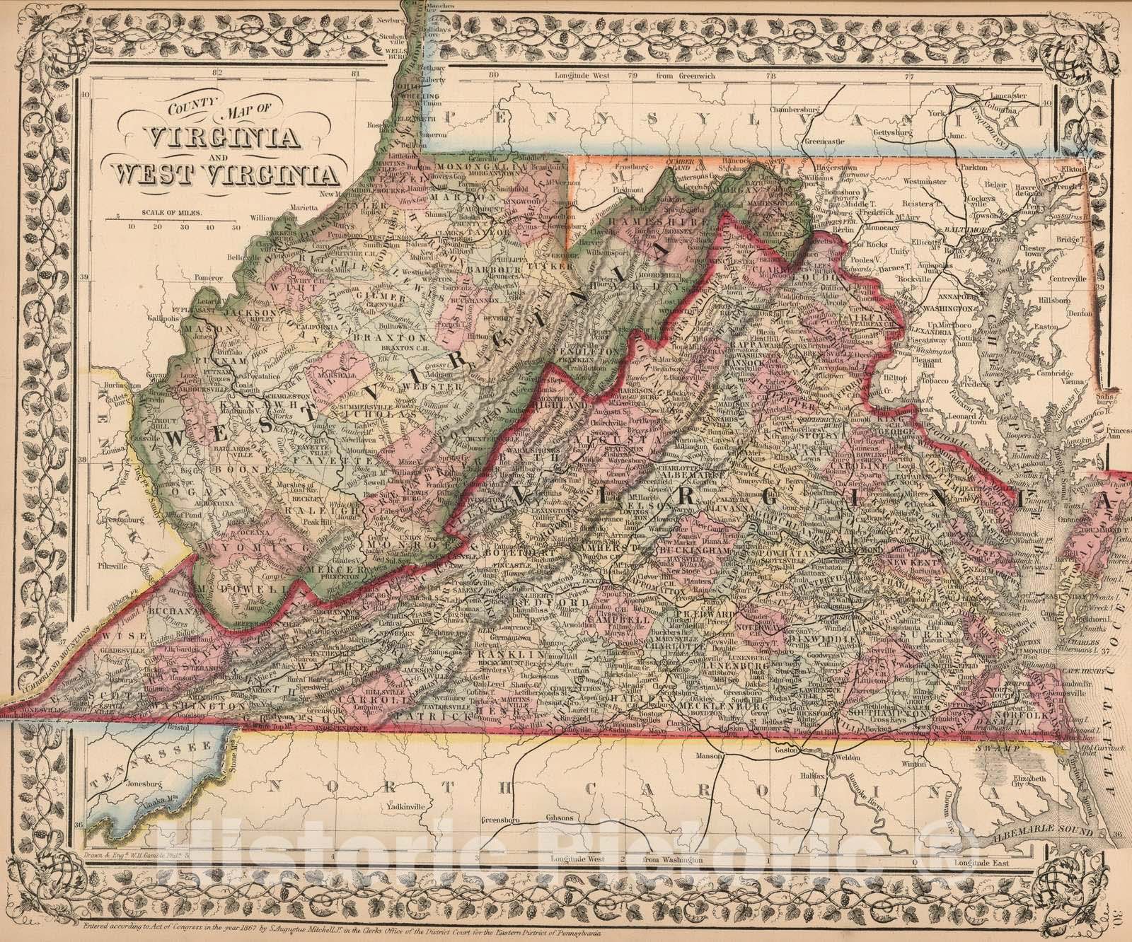 Historic Map : 1868 County map of Virginia and West Virginia - Vintage Wall Art