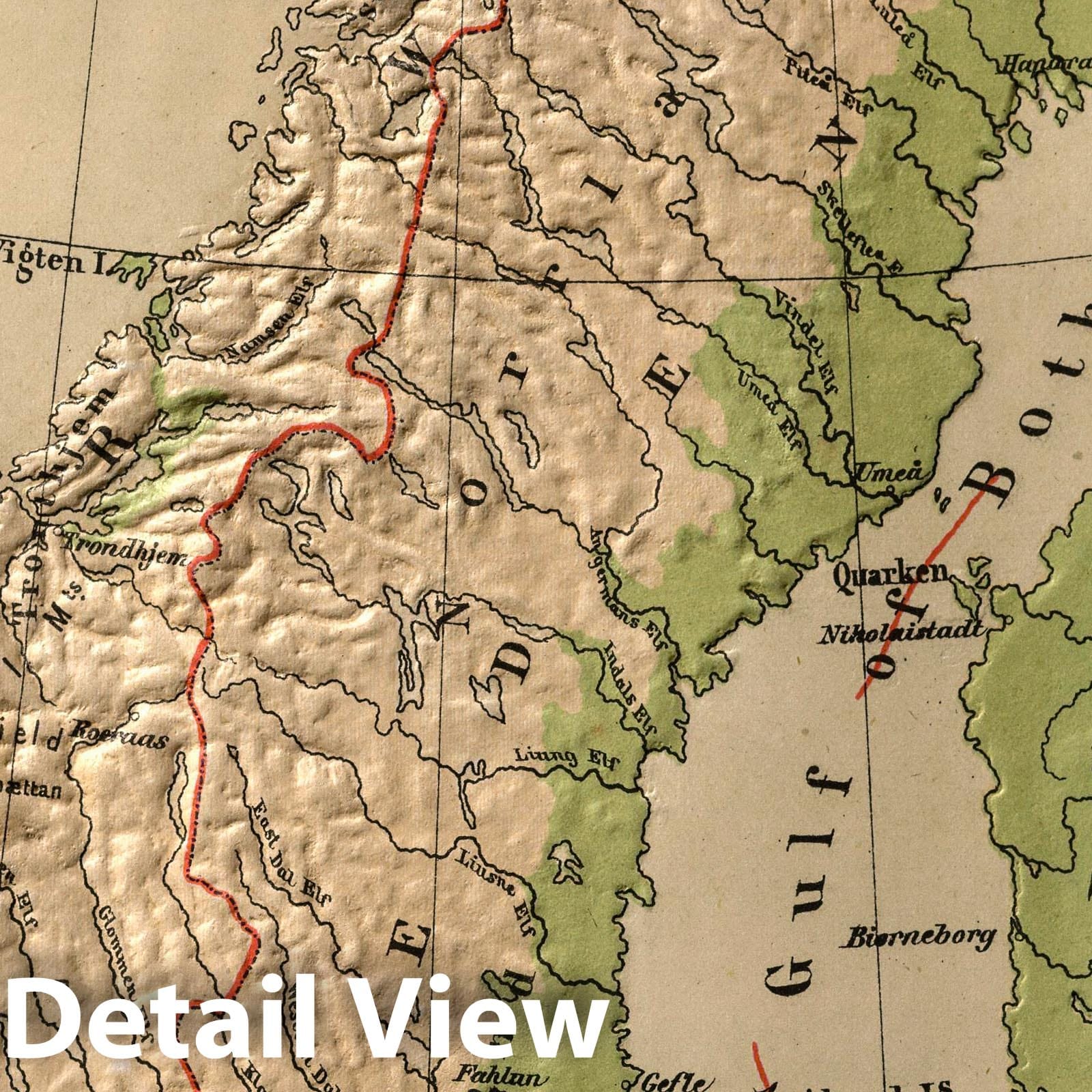 Scandinavia - Physical Map, 1880 - Historical Atlas Reproduction
