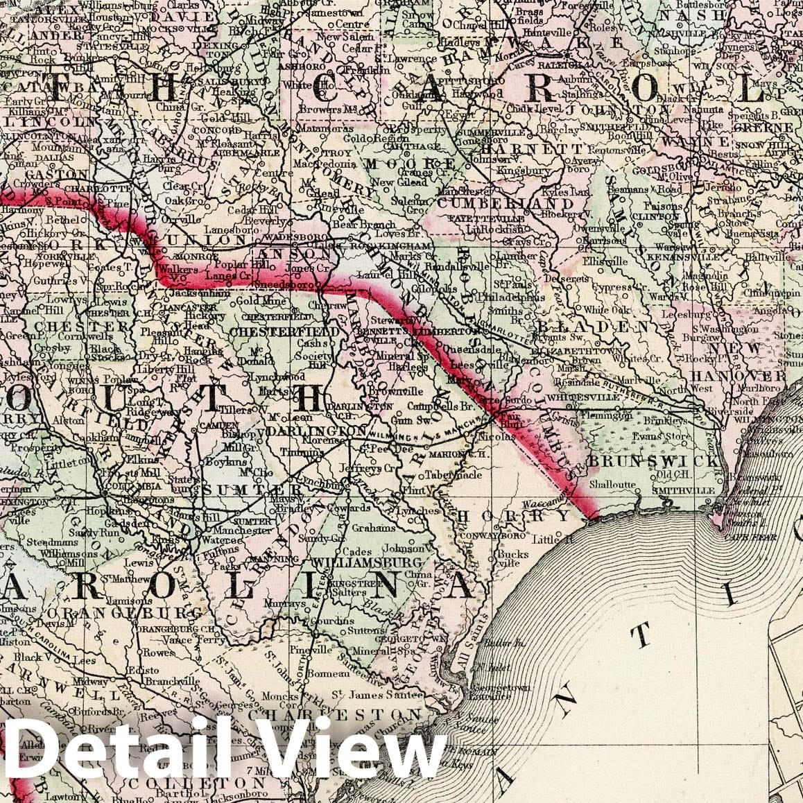 North Carolina and South Carolina - Railroad Map, 1874