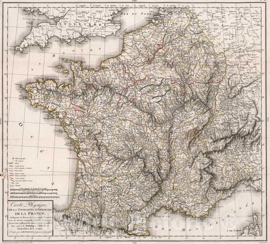 Historic Map : France, 1804 Carte physique de la navigation interieure de la France , Vintage Wall Art