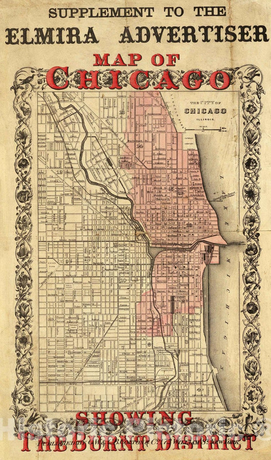 Historic Wall Map : Newspaper - 1871 Map Of Chicago Showing The Burnt District. - Vintage Wall Art