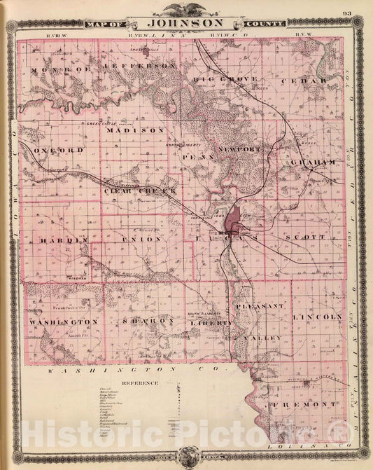 Historic Map : 1875 Map of Johnson County, State of Iowa. - Vintage Wall Art