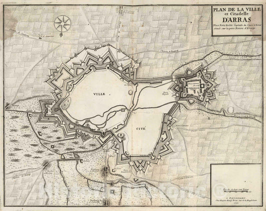 Historic Map : Arras , France, 1710 72. Plan de la Ville et Citadelle d'Arras, France. 1710. , Vintage Wall Art