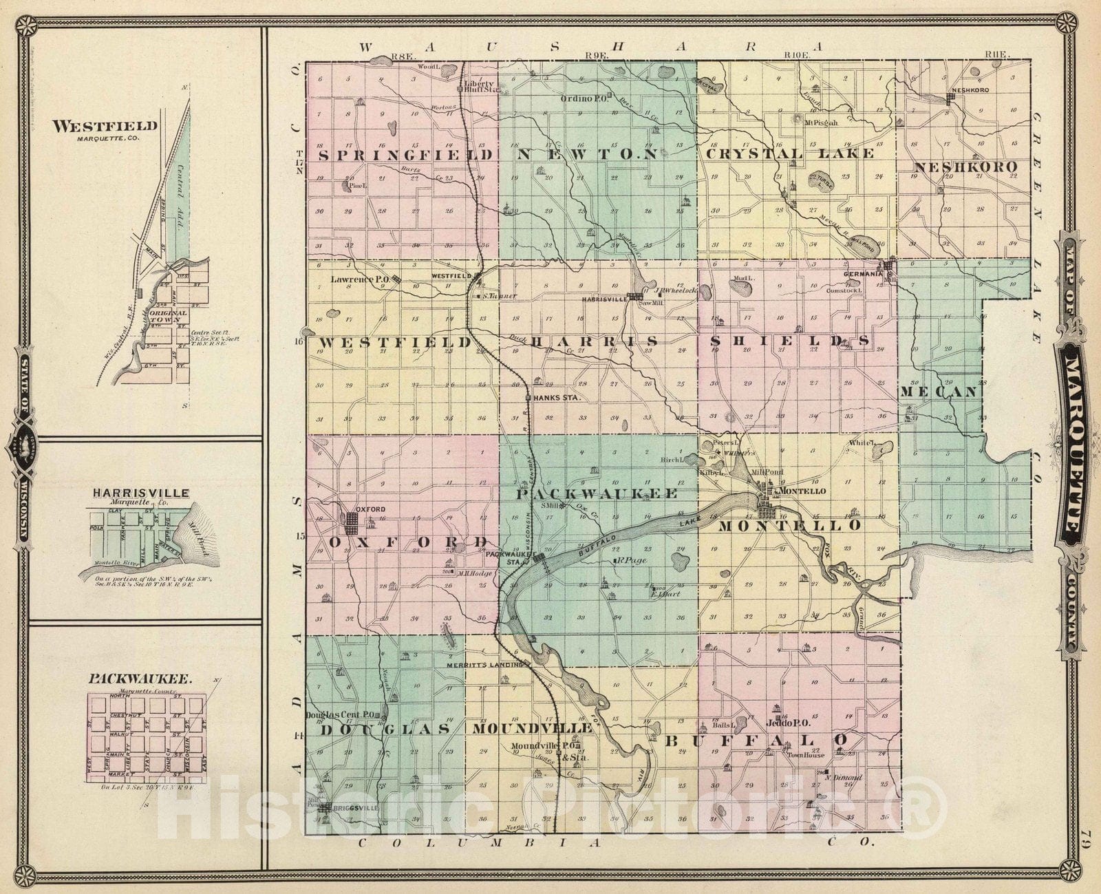 Historic Wall Map : 1878 Map of Marquette County & Westfield, Harrisville & Packwaukee, Wisconsin. - Vintage Wall Art