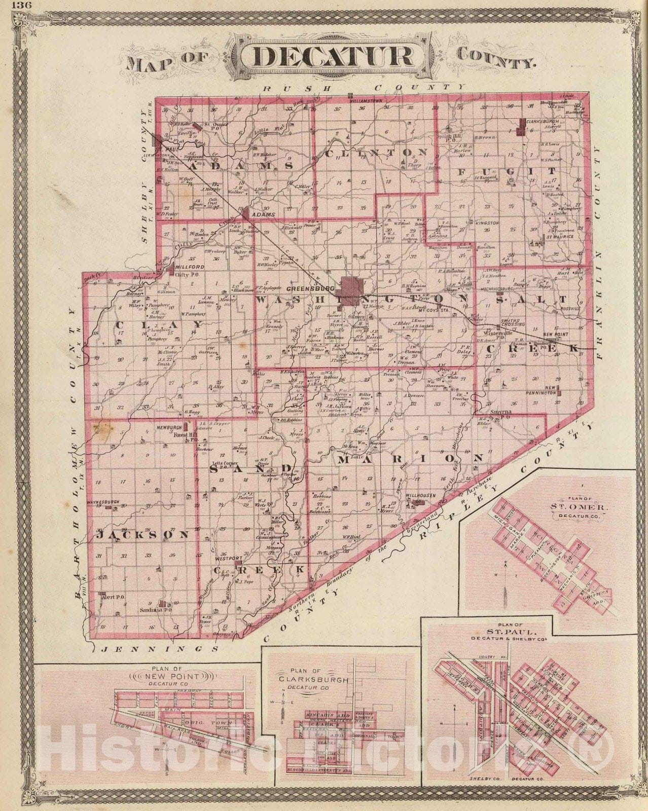Historic Map : 1876 Map of Decatur County (with) St. Omer, New Point, Clarksburgh, St. Paul. - Vintage Wall Art