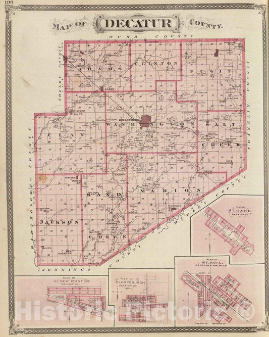 Historic Map : 1876 Map of Decatur County (with) St. Omer, New Point, Clarksburgh, St. Paul. - Vintage Wall Art