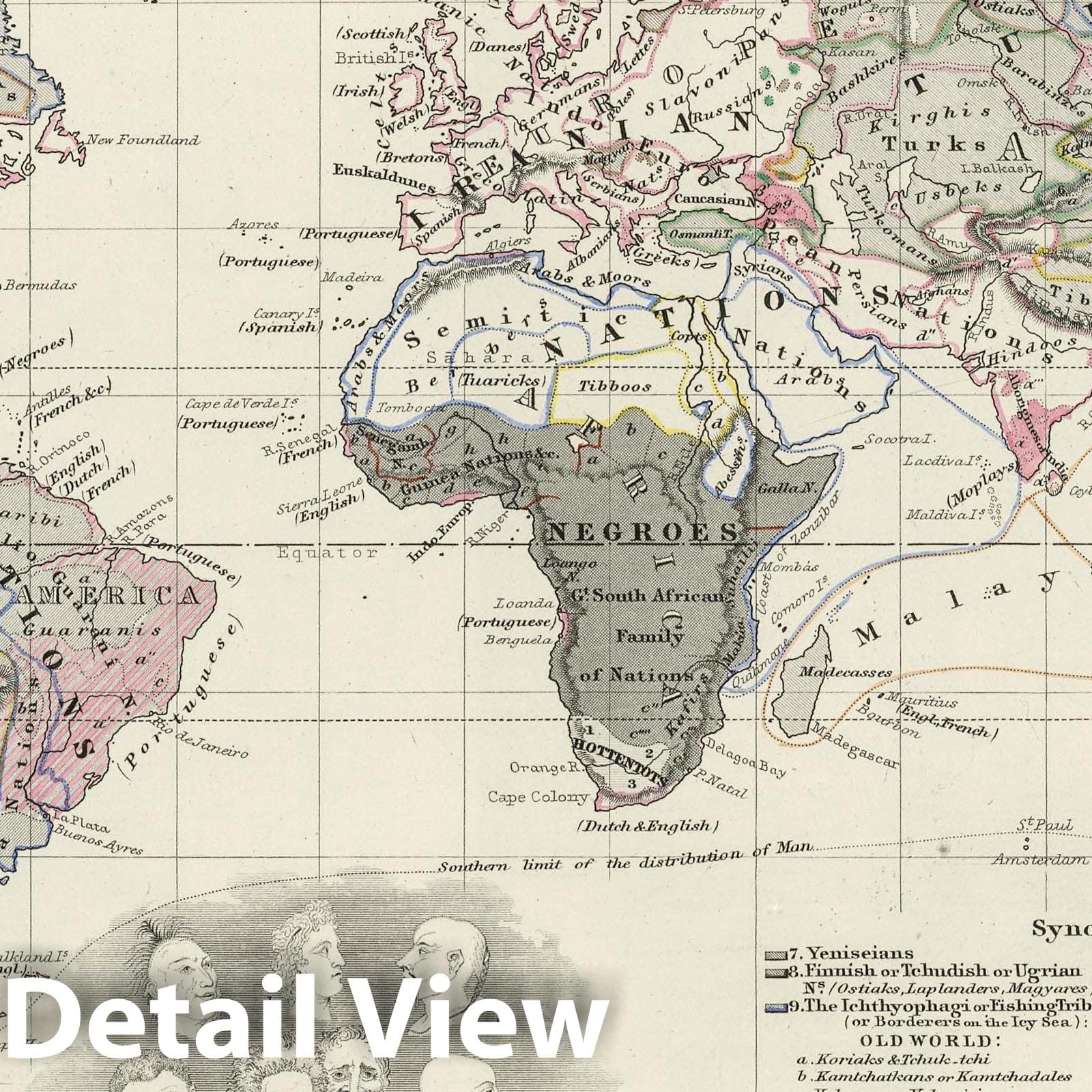 World - Ethnographic Map, 1850 - Historical Map Print