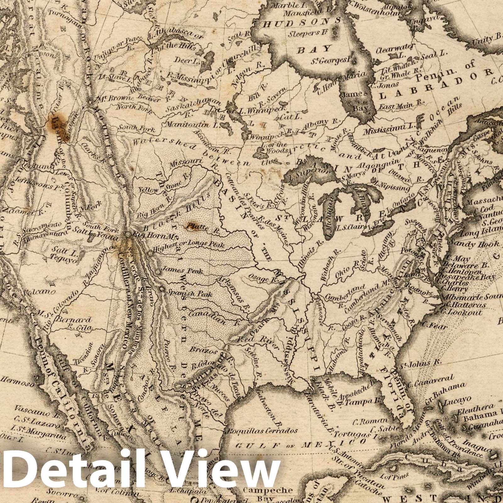 North America - Physical Map, 1849 - Historical Topographic Print