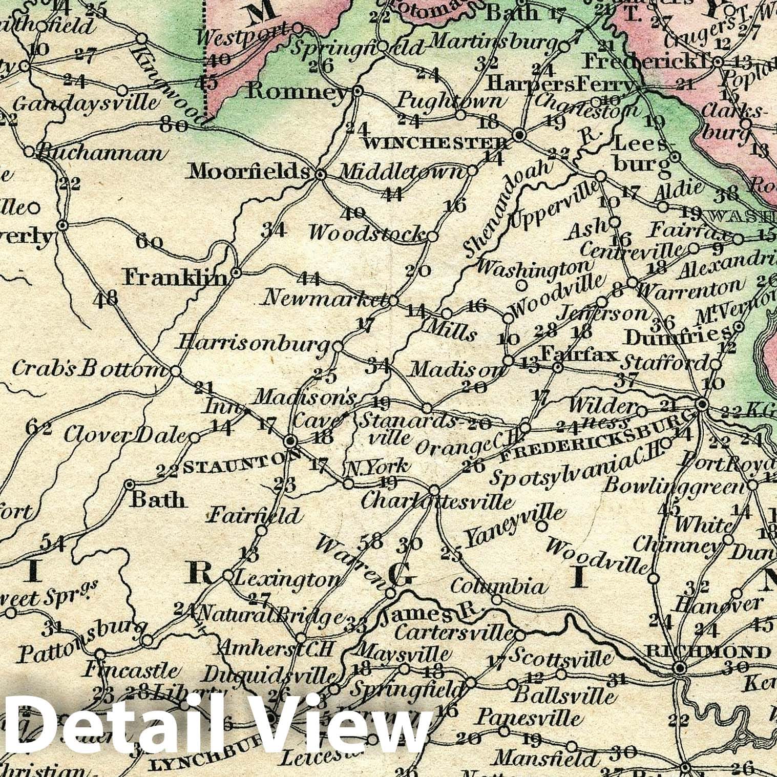 Virginia, Maryland, and Delaware - Road Map, 1828 - Historical Map Print
