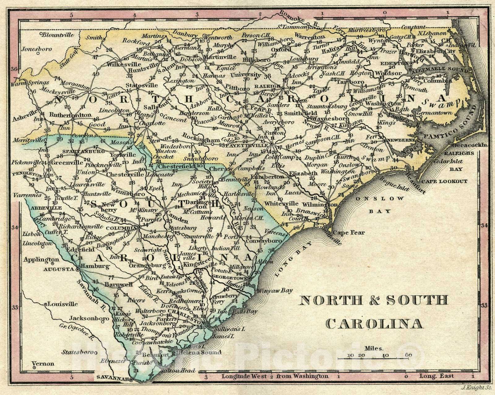 Historic Map : National Atlas - 1828 North and South Carolina - Vintage Wall Art