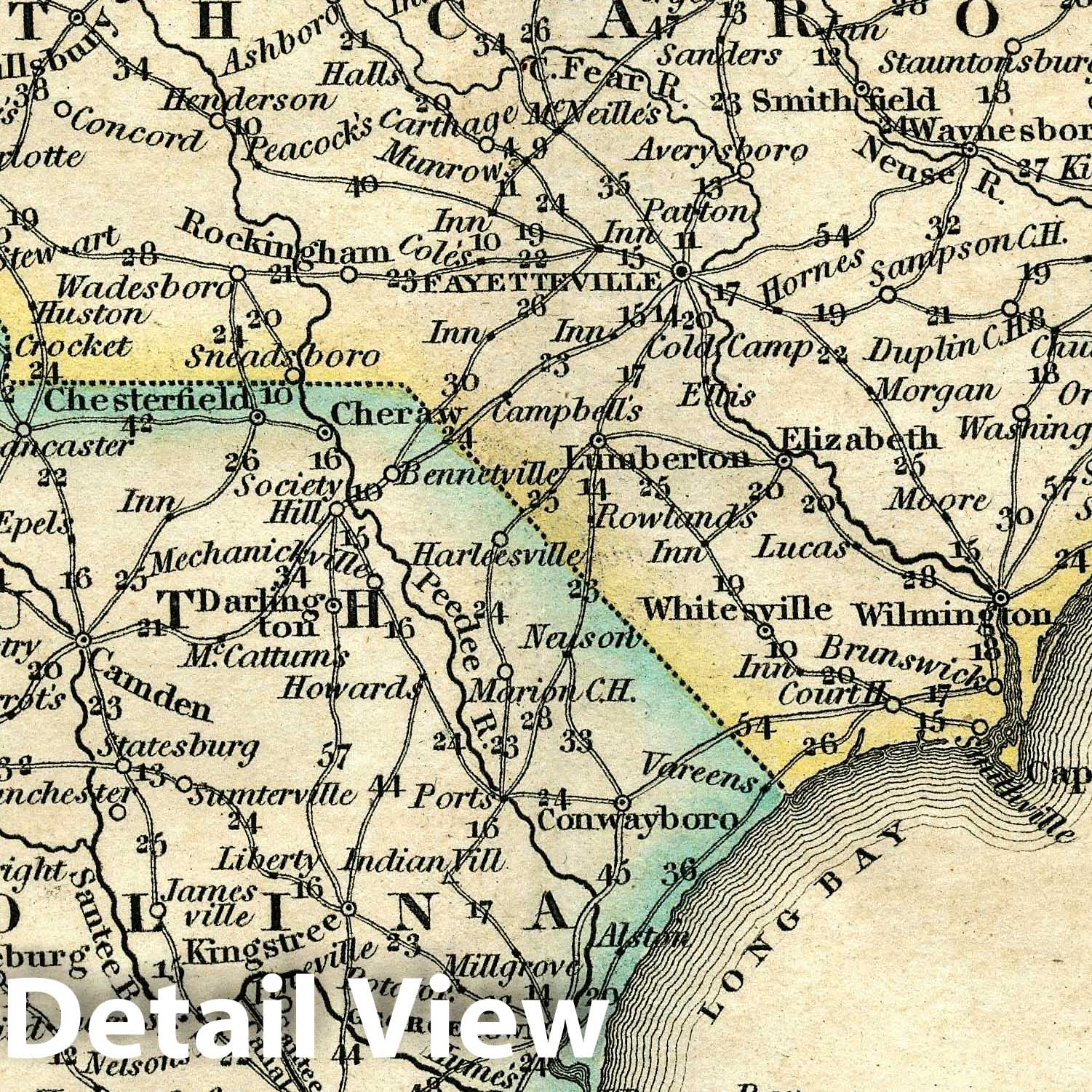 North Carolina and South Carolina - Road Map, 1828 - Historical Map Print