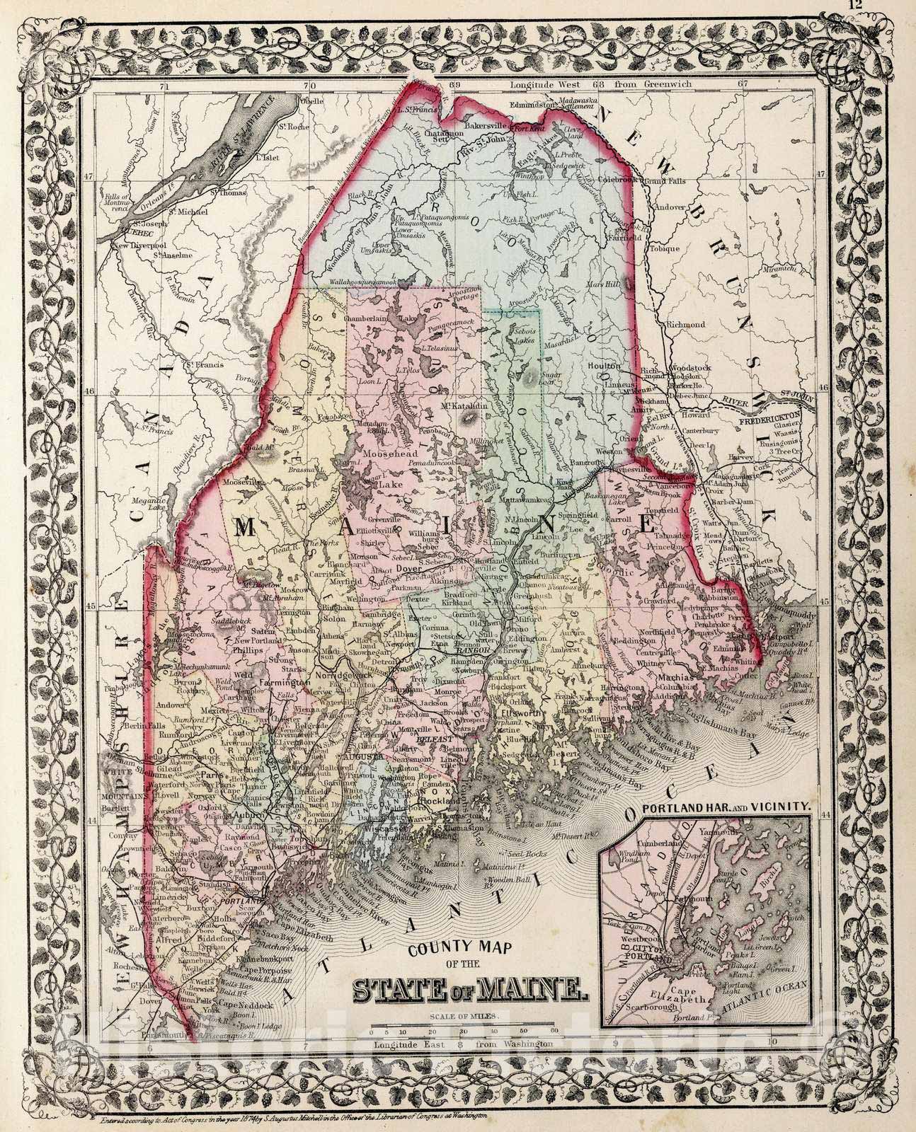 Maine with Portland Harbor Inset - Railroad Map, 1874 - Historical Map Print