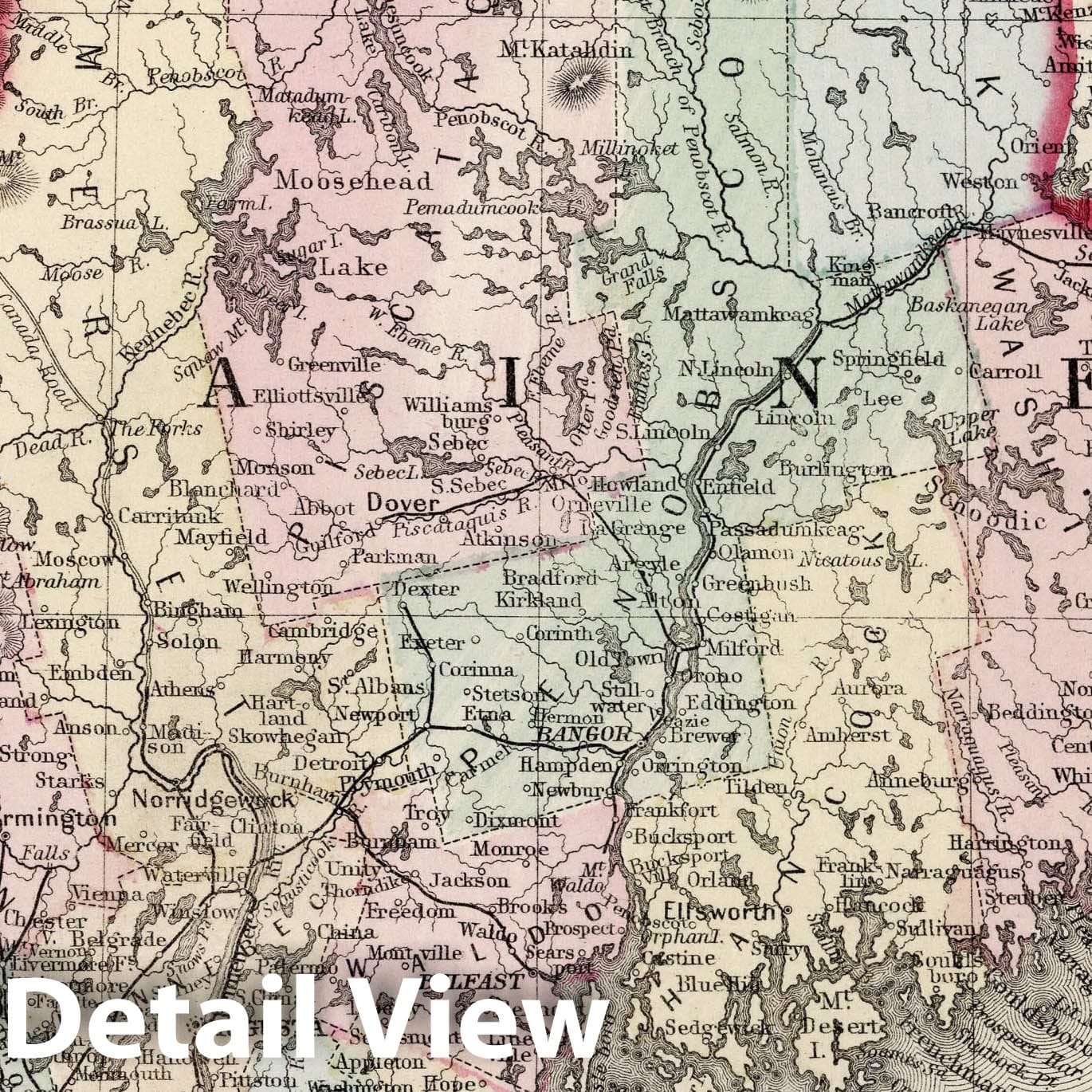 Maine with Portland Harbor Inset - Railroad Map, 1874 - Historical Map Print