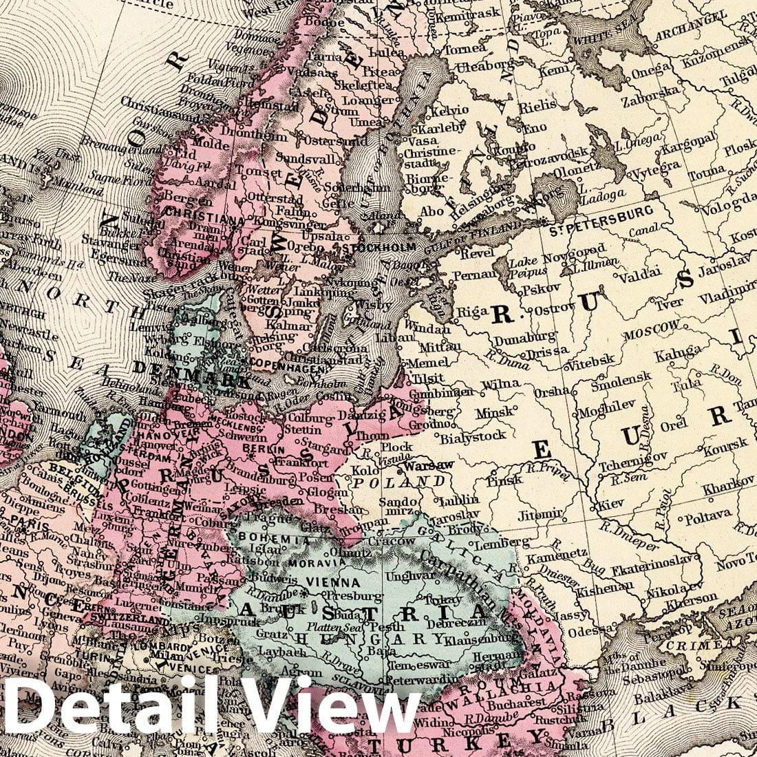 Europe - Route Map, 1877 - Historical Map Print