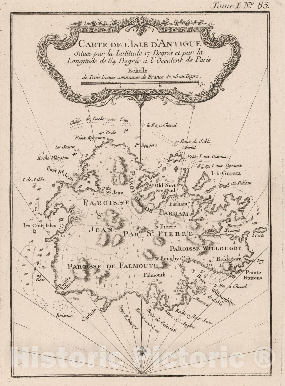 Historic Map : Antigua, , West Indies 1764 Carte de I'isle d'Antigue. , Vintage Wall Art