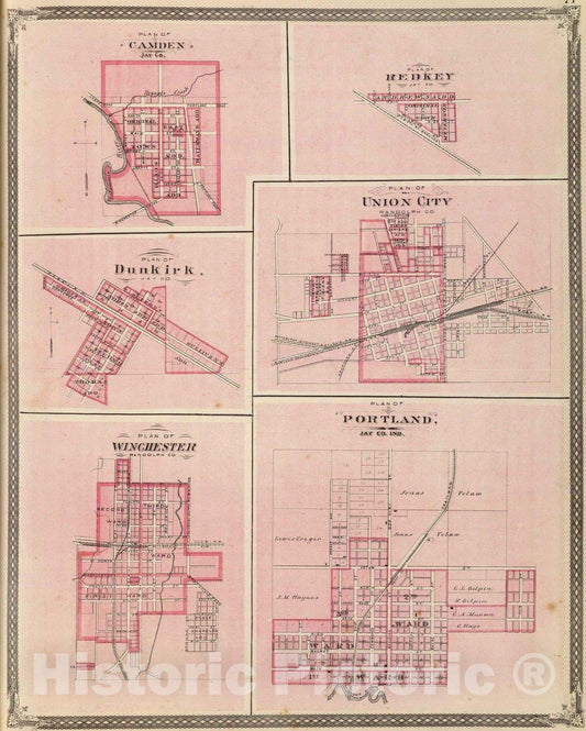 Historic Map : 1876 Plan of Portland, Jay Co, Ind. (with) Camden, Redkey, Dunkirk, Union City, Winchester. - Vintage Wall Art