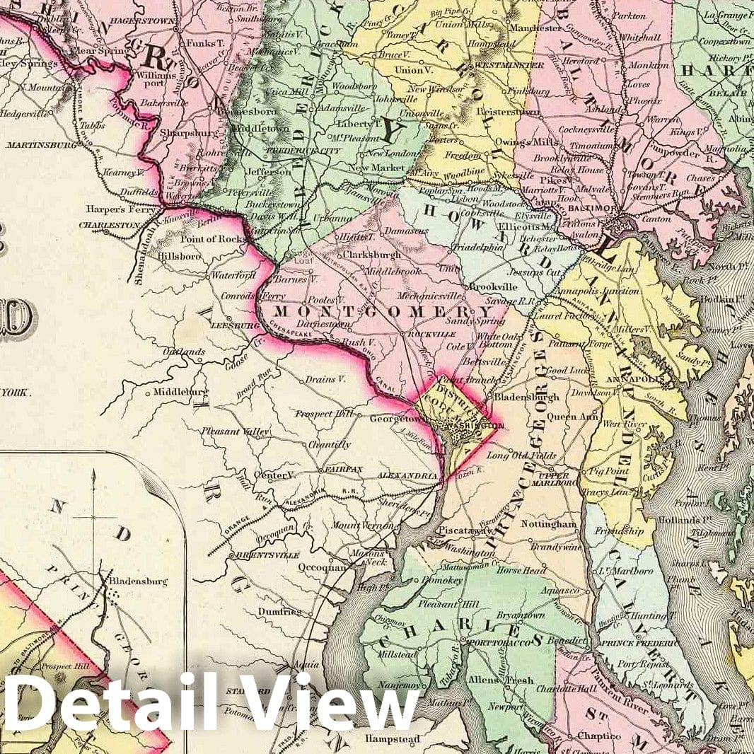 Delaware, Maryland, and District of Columbia - Physical Map, 1856 - Historical Map Print
