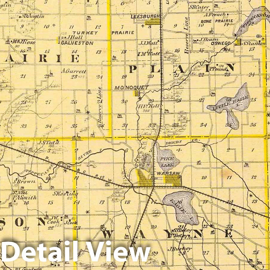 Kosciusko County, Indiana - Railroad Map, 1876 - Historical Map Print