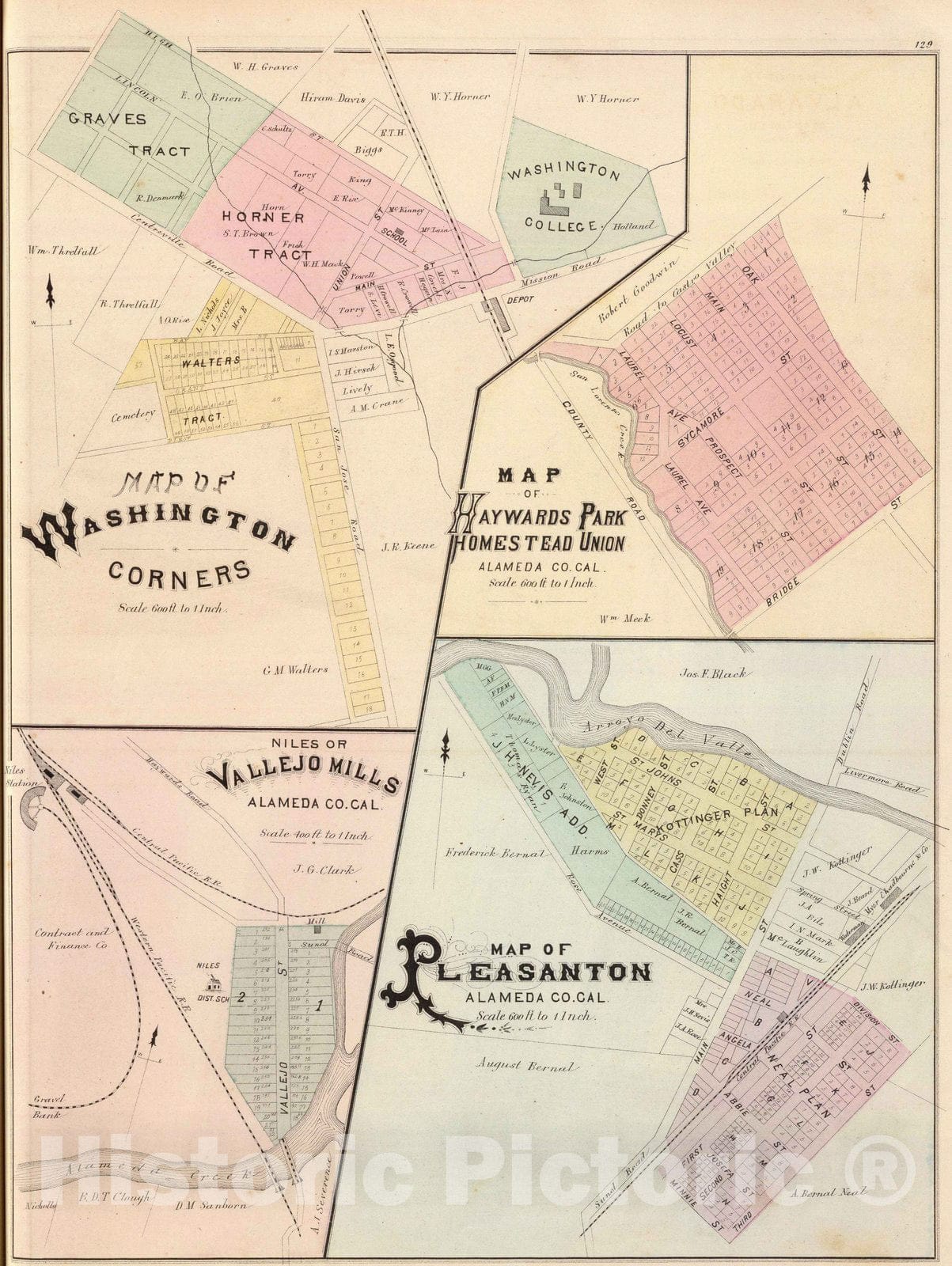 Historic Map : 1878 Wash. Corners, Haywards Park, Niles, Pleasanton. - Vintage Wall Art