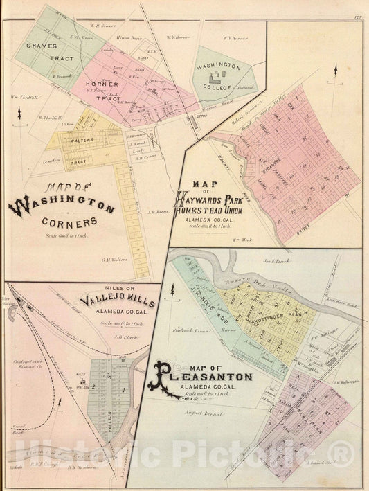 Historic Map : 1878 Wash. Corners, Haywards Park, Niles, Pleasanton. - Vintage Wall Art