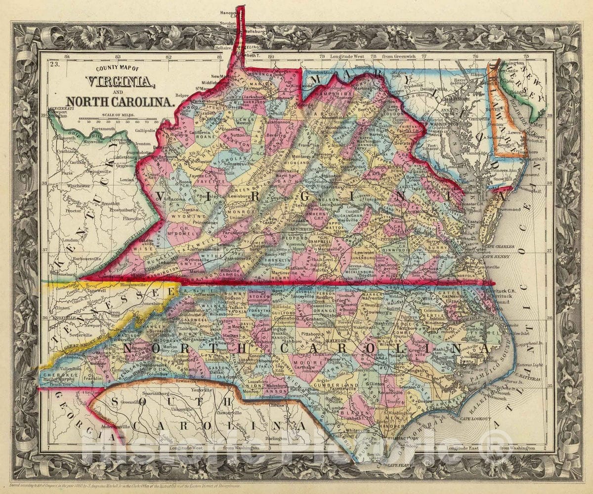 Historic Map : 1860 County Map Of Virginia, and North Carolina. - Vintage Wall Art