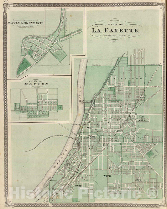 Historic Map : 1876 Plan of La Fayette (with) Battle Ground City, Village of Dayton. - Vintage Wall Art