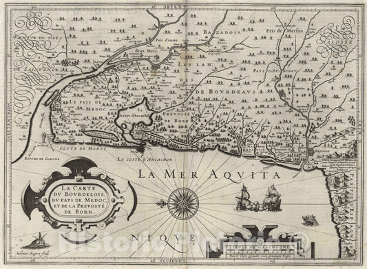 Historic Map : Aquitaine , France 1632 La Carte du Bourdelois, du Pays de Medoc, et de la Prevoste de Born. , Vintage Wall Art