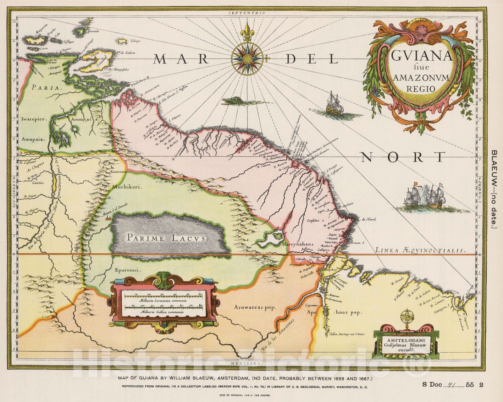 Historic Map : National Atlas - 1661 Guiana by Blaeuw. - Vintage Wall Art