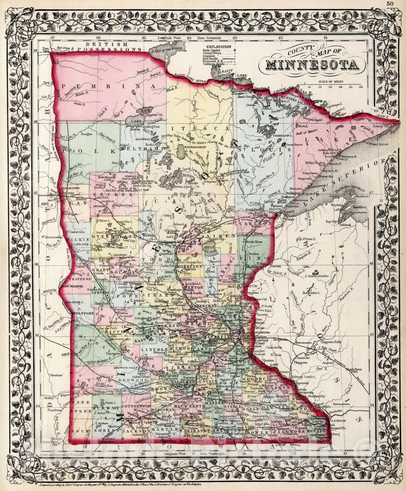 Historic Wall Map : 1874 County map of Minnesota - Vintage Wall Art