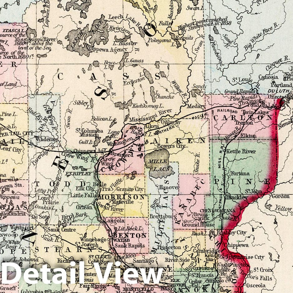 Minnesota - County Map, 1874 - Historical Map Print