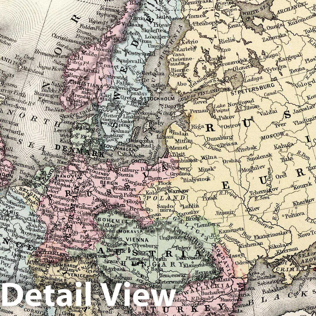 Europe - River Map, 1874 - Historical Map Print from Mitchell's New General Atlas