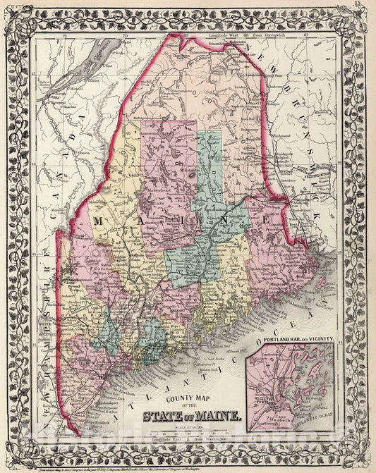 Historic Map : 1877 County map of the State of Maine - Vintage Wall Art