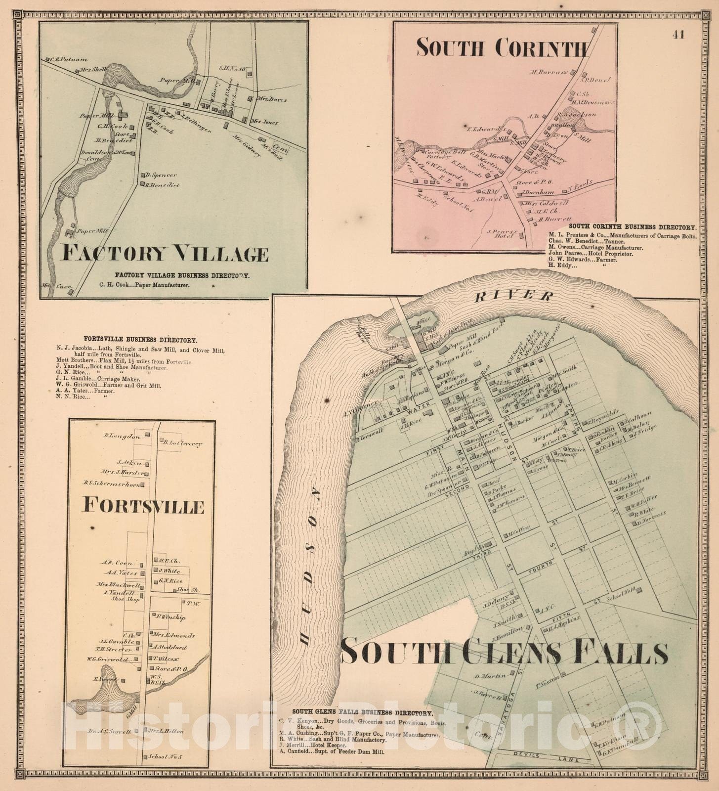 Historic Map : 1866 Factory Village. South Corinth. Fortsville. South Clens Falls, New York. - Vintage Wall Art