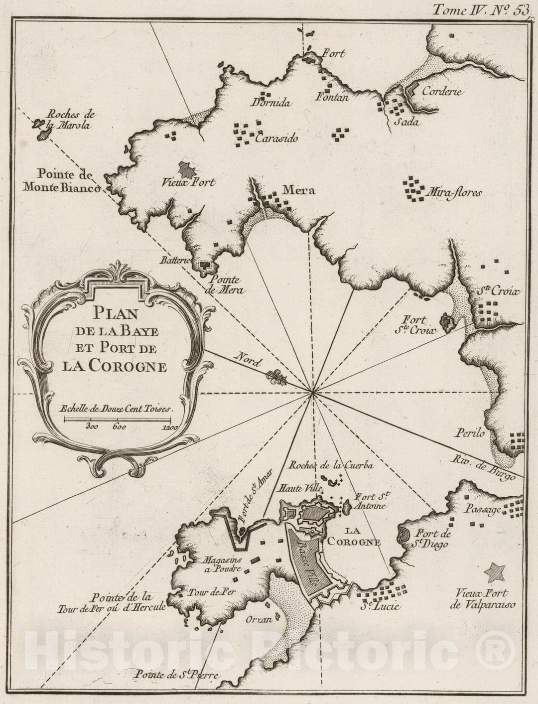 Historic Map : Spain, , Europe 1764 Plan de la Baye et Port de La Corogne , Vintage Wall Art
